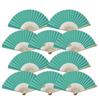 9" Cool Mint Green Paper Hand Fans for Weddings, Premium Paper Stock (10 Pack)