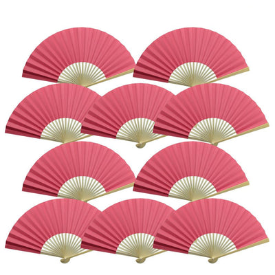 9" Fuchsia / Hot Pink Paper Hand Fans for Weddings, Premium Paper Stock (10 Pack)