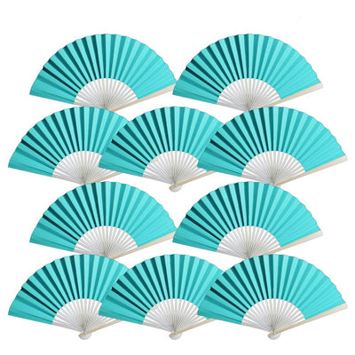 9" Turquoise Paper Hand Fans for Weddings, Premium Paper Stock (10 Pack)