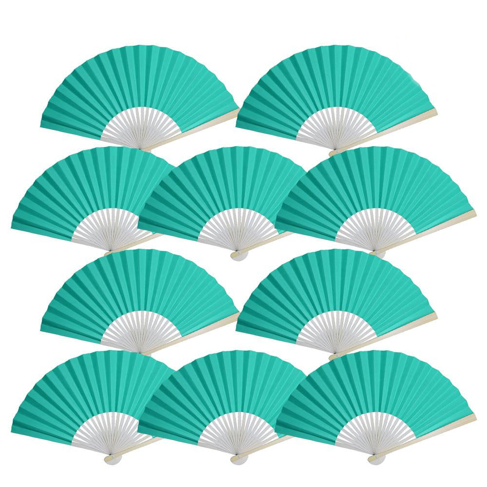 9" Water Blue Paper Hand Fans for Weddings, Premium Paper Stock (10 Pack)