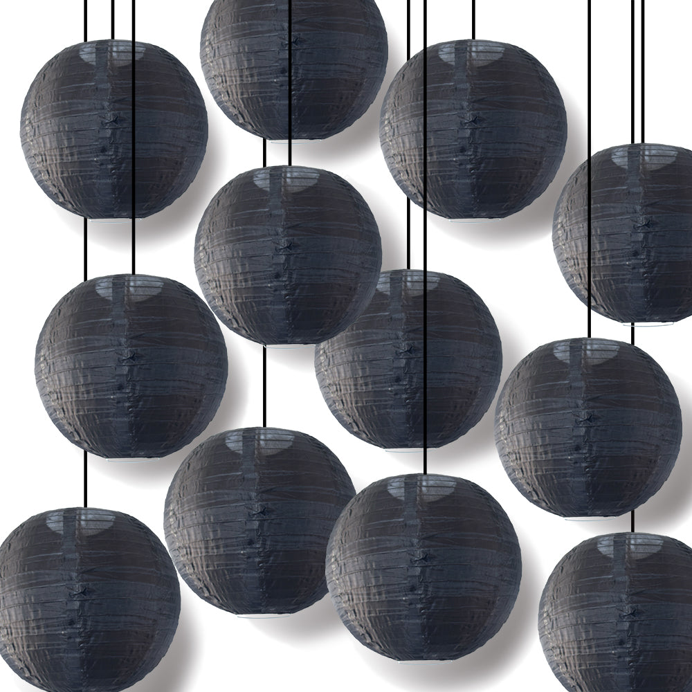 12 PACK | 14" Black Shimmering Nylon Lantern, Even Ribbing, Durable, Hanging Decoration