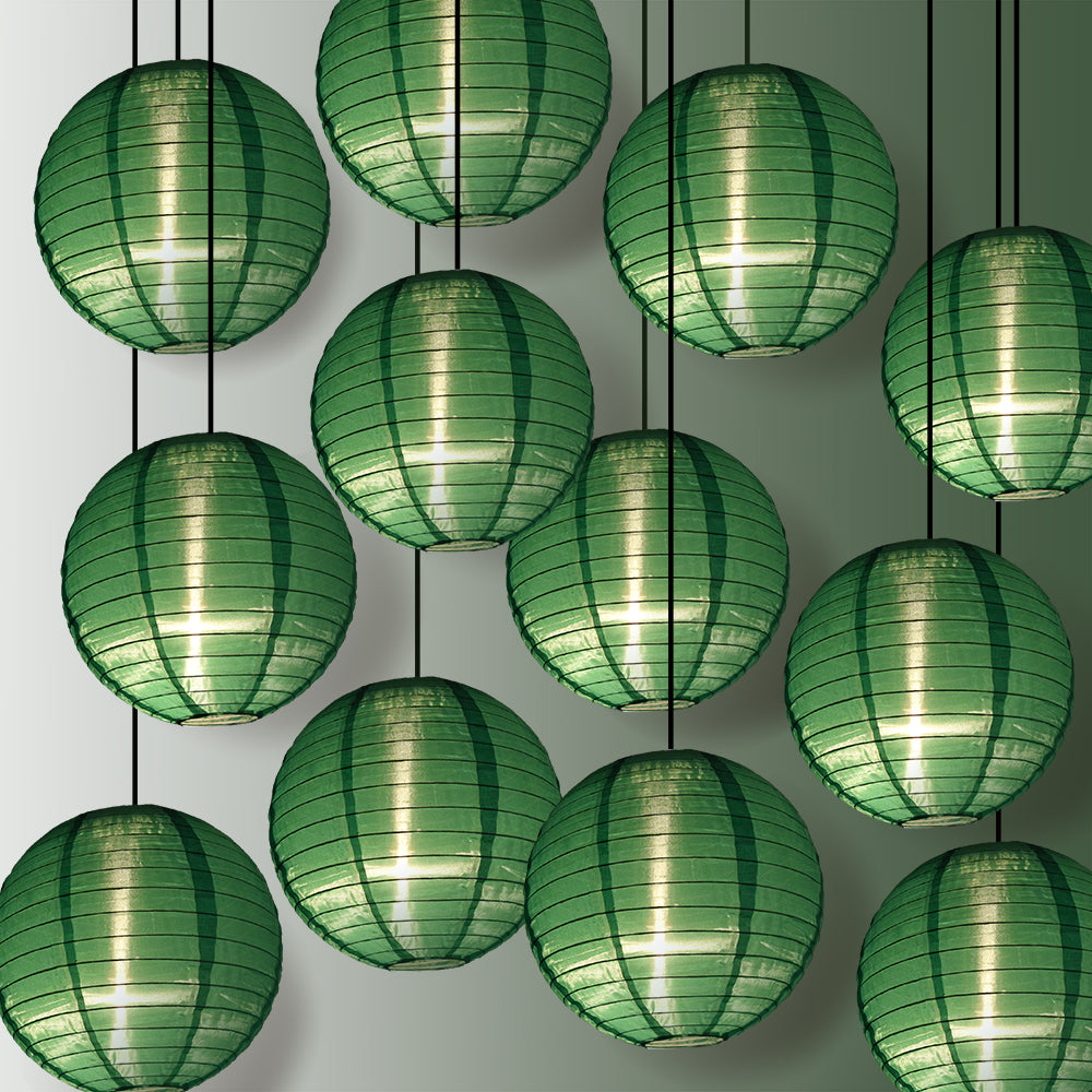 12 PACK | 14" Emerald Green Shimmering Nylon Lantern, Even Ribbing, Durable, Hanging Decoration