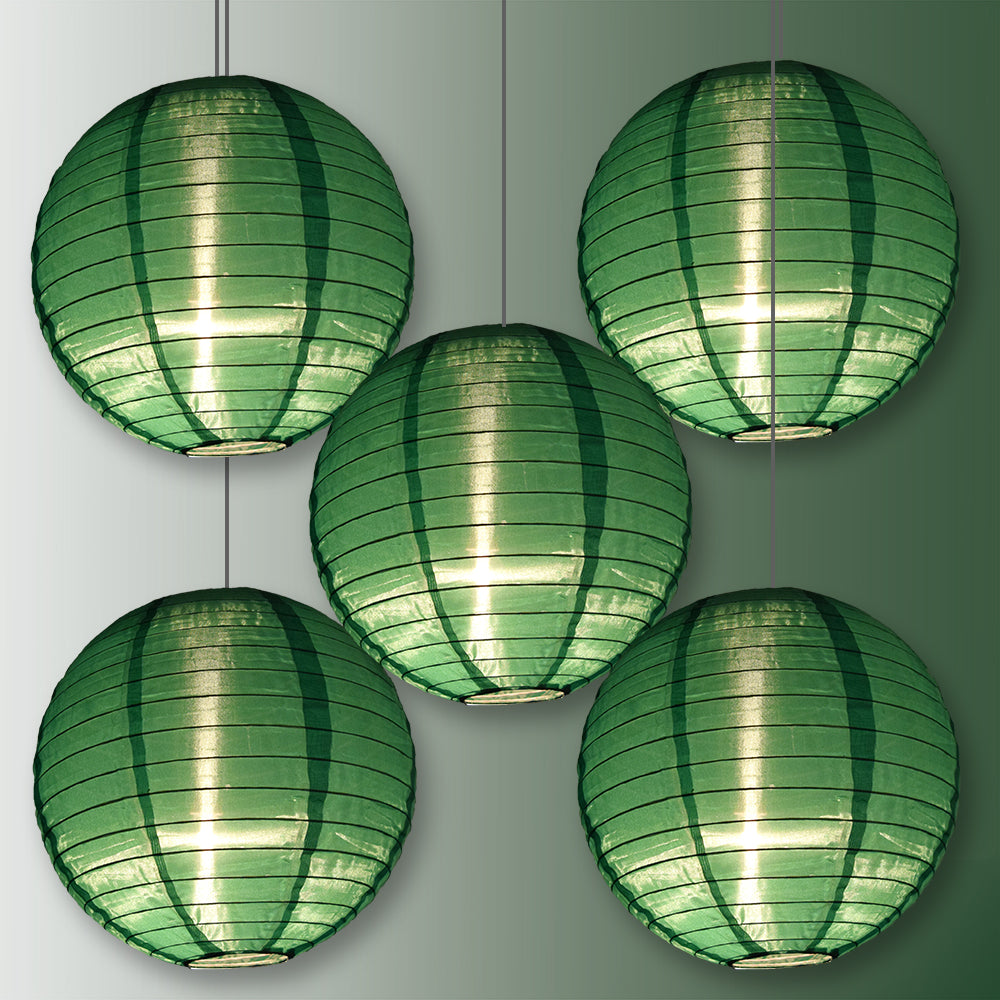 5 PACK | 14" Emerald Green Shimmering Nylon Lantern, Even Ribbing, Durable, Hanging Decoration