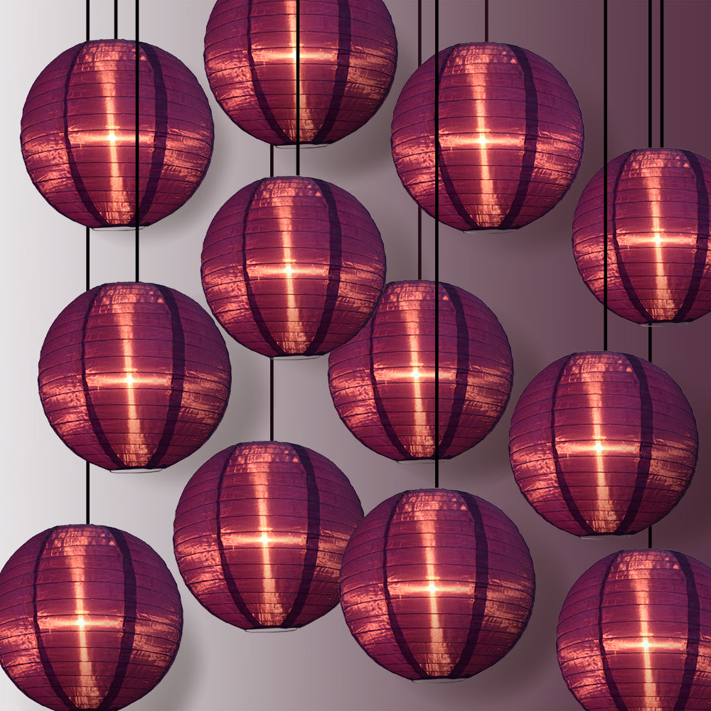 12 PACK | 14" Dark Purple Shimmering Nylon Lantern, Even Ribbing, Durable, Hanging Decoration
