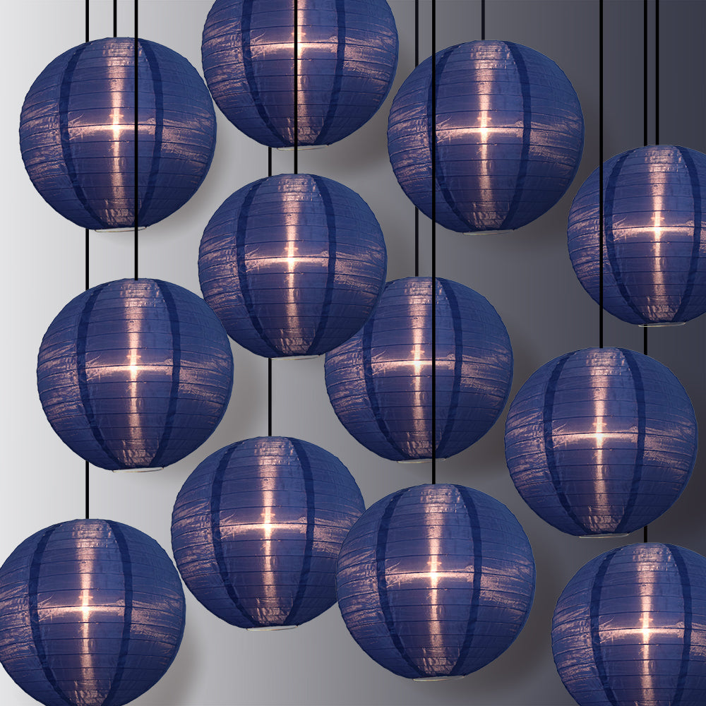 12 PACK | 14" Navy Blue Shimmering Nylon Lantern, Even Ribbing, Durable, Hanging Decoration