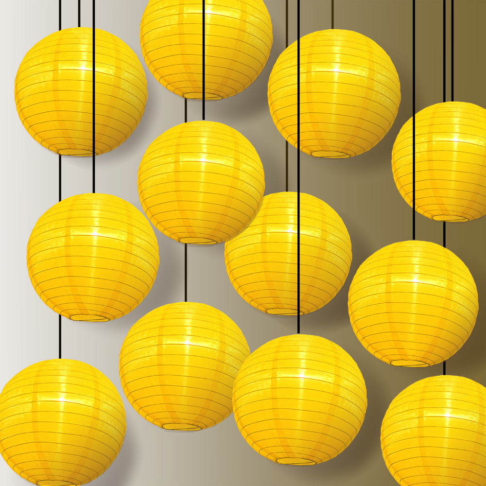 12 PACK | 14" Yellow Shimmering Nylon Lantern, Even Ribbing, Durable, Hanging Decoration