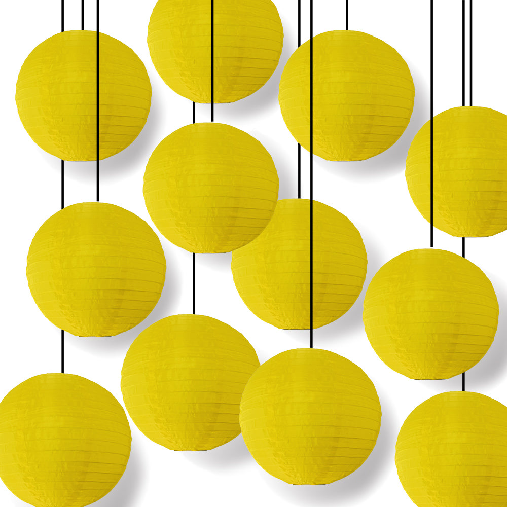 12 PACK | 14" Yellow Shimmering Nylon Lantern, Even Ribbing, Durable, Hanging Decoration