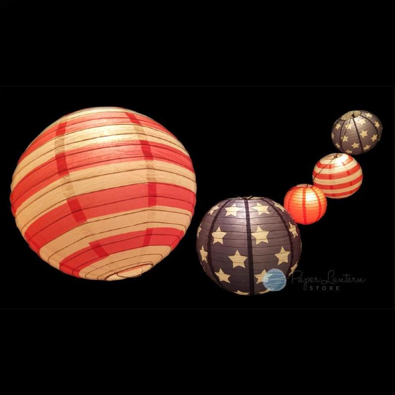  Patriotic 4th of July Stars and Stripes Paper Lantern String Light COMBO Kit (10x Lanterns, 21 FT, EXPANDABLE, White Cord) - AsianImportStore.com - B2B Wholesale Lighting and Decor