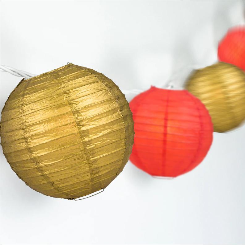 16-FT, 20x Paper Lantern Party String Lights Set (4" Red and Gold Lanterns) - AsianImportStore.com - B2B Wholesale Lighting & Decor since 2002
