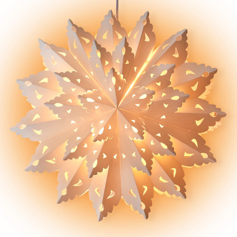3-PACK + Cord | Bright White Blizzard Wreath 22" Pizzelle Designer Illuminated Paper Star Lanterns and Lamp Cord Hanging Decorations - AsianImportStore.com - B2B Wholesale Lighting and Decor