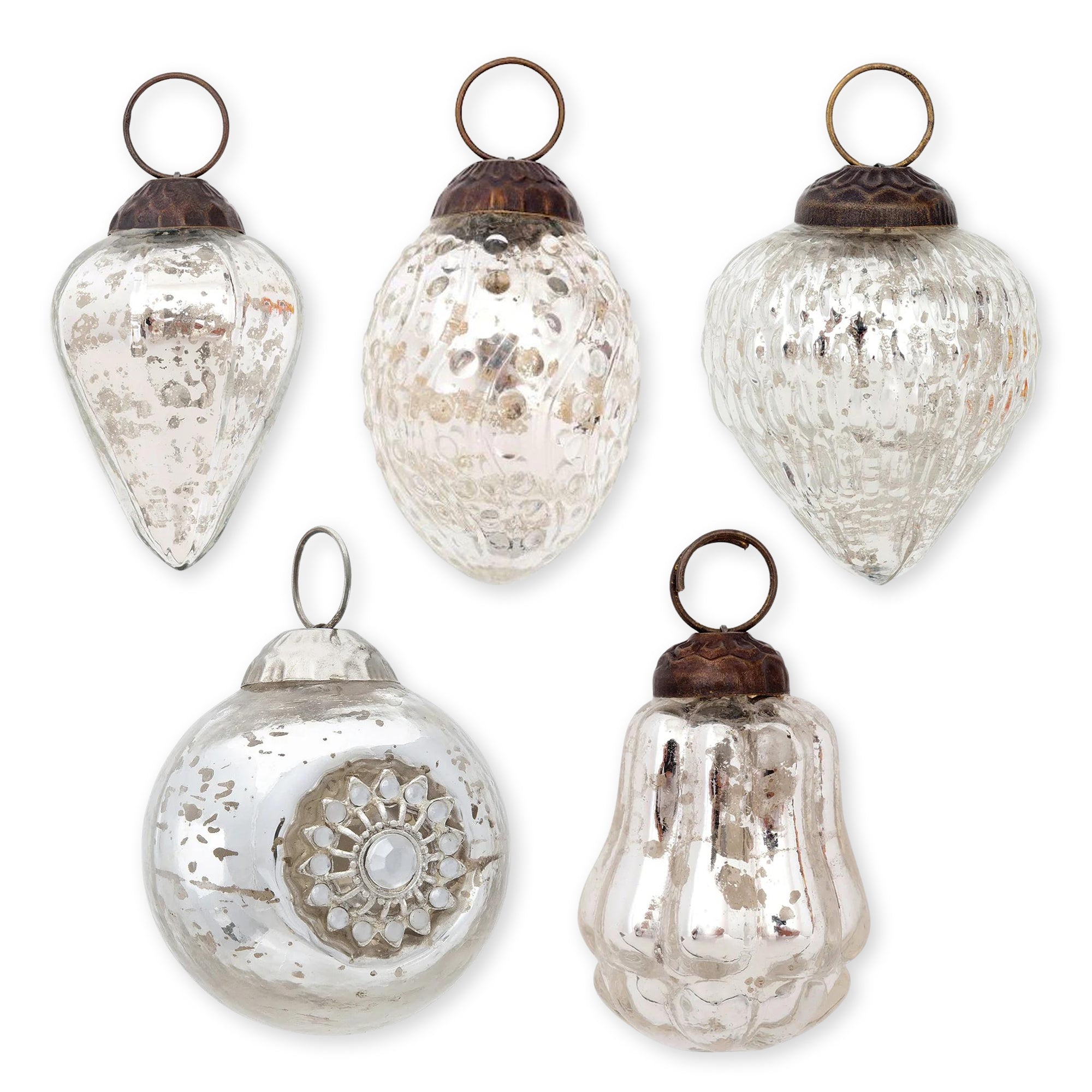 BLOWOUT 5 Pack | Silver Vintage Assorted Ornaments Set - Great Gift Idea, Vintage-Style Decorations for Christmas, Special Occasions, Home Decor and Parties