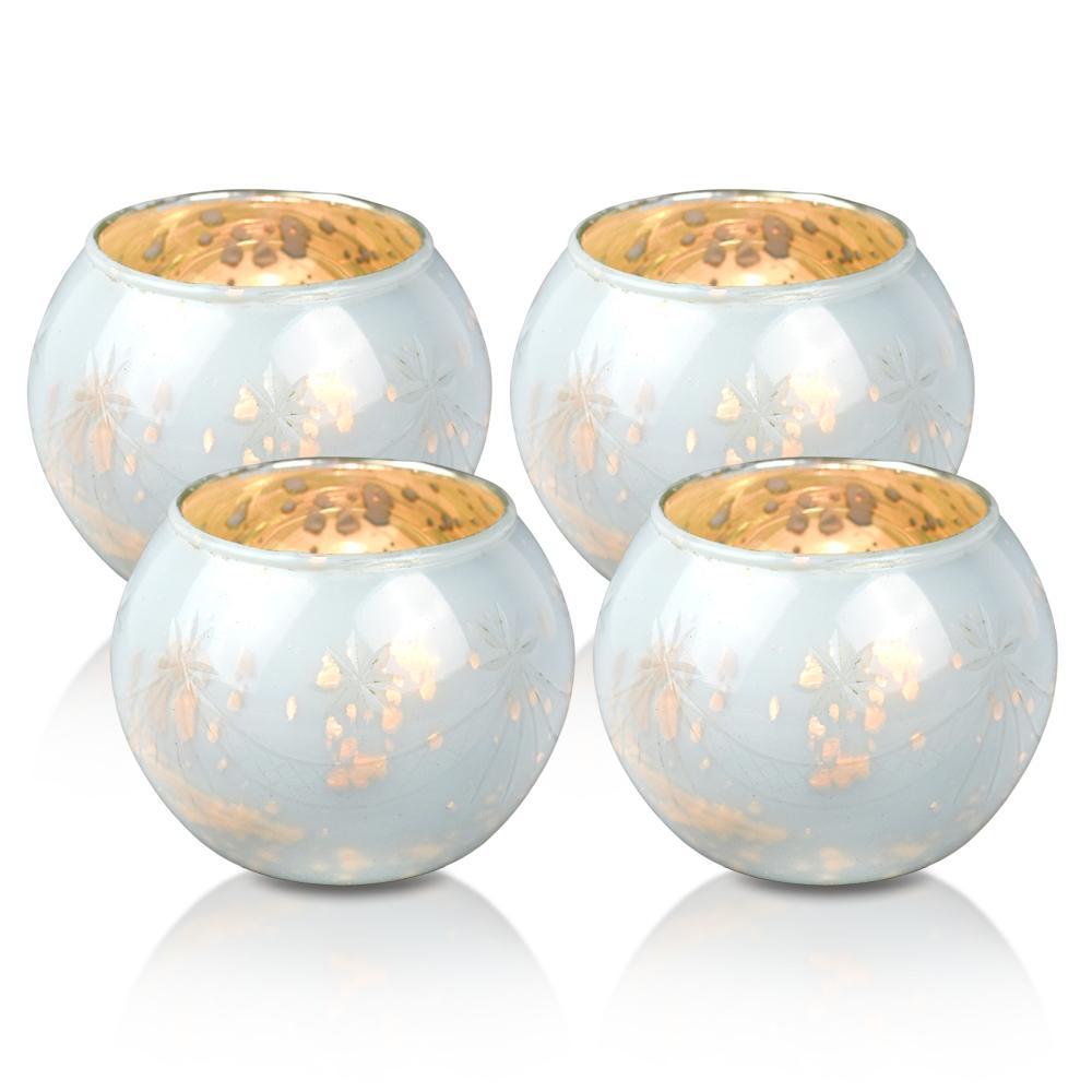 BLOWOUT 4 Pack | Vintage Mercury Glass Globe Candle Holders (3-Inch, Mary Design, Pearl White) - For use with Tea Lights - Home Decor, Parties and Wedding Decorations