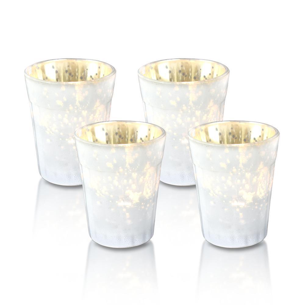 4 Pack | Vintage Mercury Glass Candle Holder (3.25-Inch, Katelyn Design, Column Motif, Pearl White) - For Use with Tea Lights - For Home Decor, Parties and Wedding Decorations