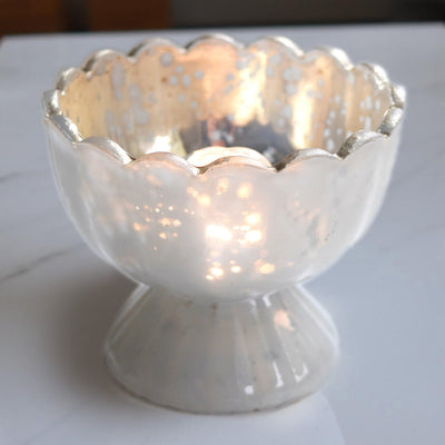 BLOWOUT (20 PACK) Vintage Mercury Glass Candle Holder (3-Inch, Suzanne Design, Sundae Cup Motif, Pearl White) - For Use with Tea Lights - Home Decor and Wedding Decorations