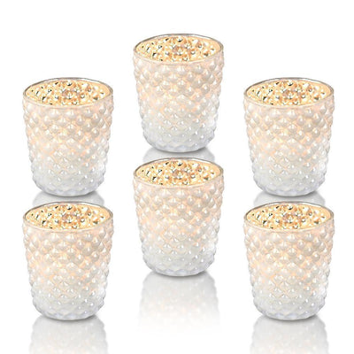 6 Pack | Vintage Mercury Glass Tealight Holders (2.5-Inch, Zariah Design, Pearl White) - For Use with Tea Lights - For Home Decor, Parties and Wedding Decorations