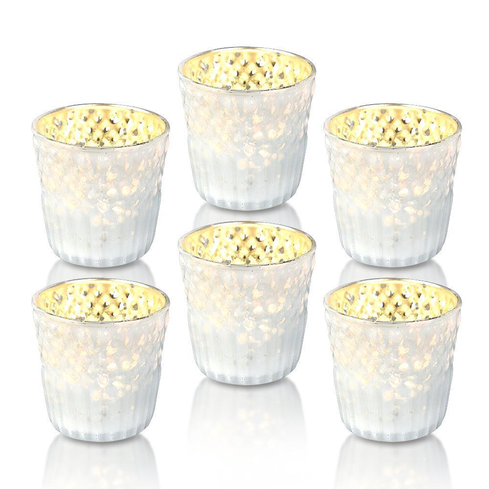 6 Pack | Mercury Glass Tealight Holders (2.75-Inches, Ophelia Design, Pearl White) - For Use with Tea Lights - For Home Decor, Parties and Wedding Decorations