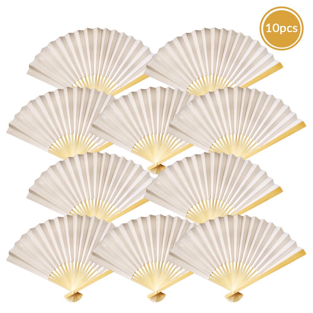 9" Beige / Ivory Paper Hand Fans for Weddings, Premium Paper Stock (10 Pack) - AsianImportStore.com - B2B Wholesale Lighting and Decor