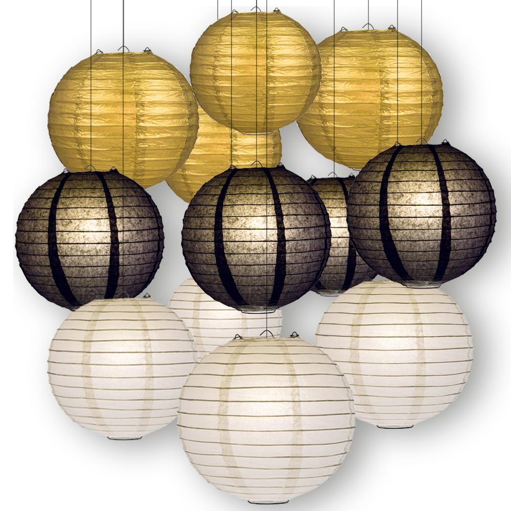 Black, White and Gold Celebration Party Pack Parallel Ribbed Paper Lantern Combo Set (12 pc Set) - AsianImportStore.com - B2B Wholesale Lighting and Decor