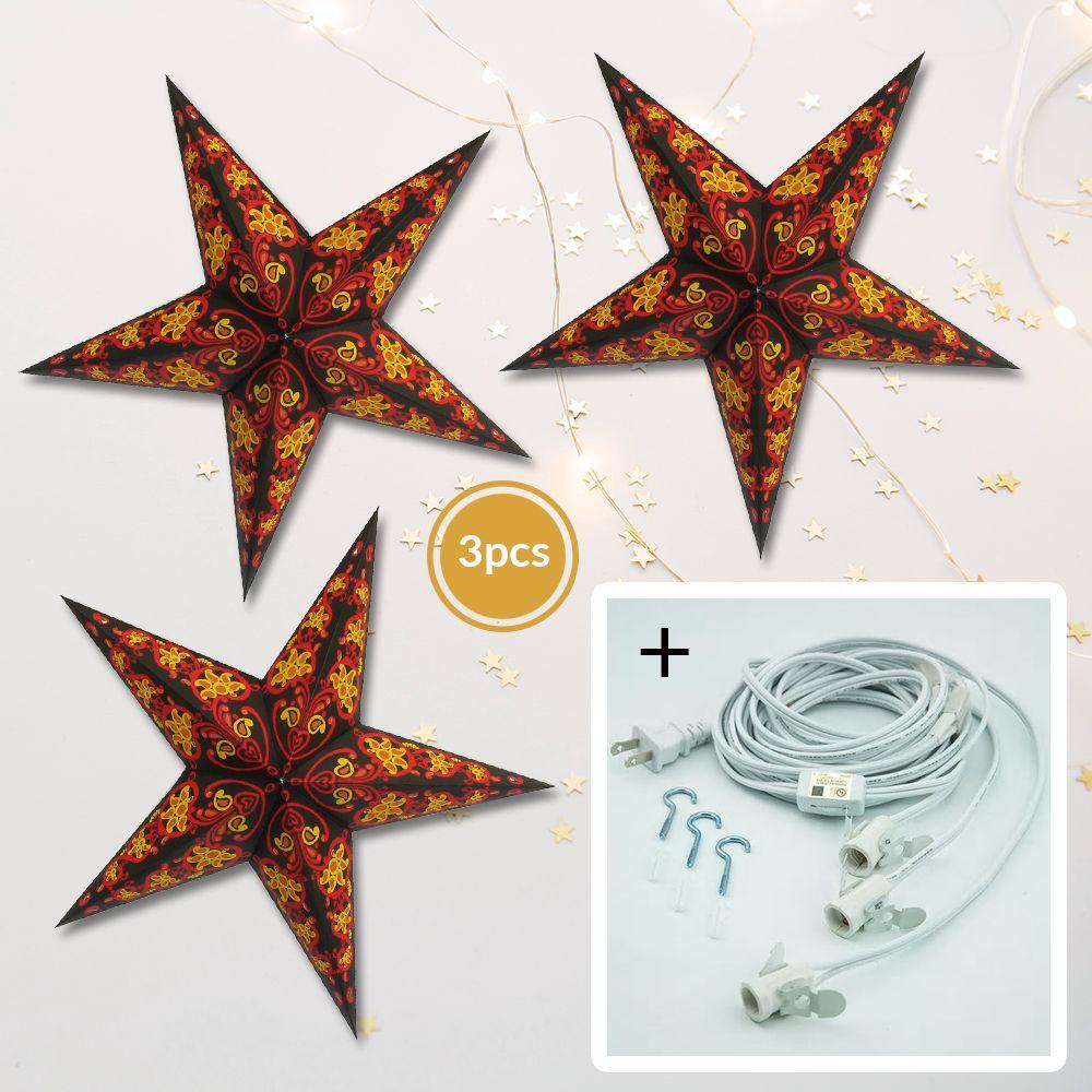 3-PACK + Cord | Black Magic 24" Illuminated Paper Star Lanterns and Lamp Cord Hanging Decorations - AsianImportStore.com - B2B Wholesale Lighting and Decor