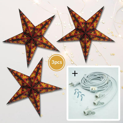 3-PACK + Cord | Black Magic 24" Illuminated Paper Star Lanterns and Lamp Cord Hanging Decorations - AsianImportStore.com - B2B Wholesale Lighting and Decor