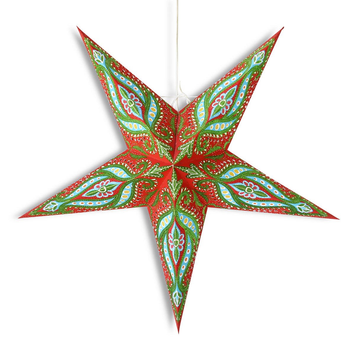 3-PACK + Cord | 24" Red / Green Bloom Glitter Paper Star Lantern and Lamp Cord Hanging Decoration - AsianImportStore.com - B2B Wholesale Lighting and Decor