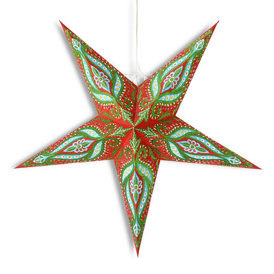 3-PACK + Cord | 24" Red / Green Bloom Glitter Paper Star Lantern and Lamp Cord Hanging Decoration - AsianImportStore.com - B2B Wholesale Lighting and Decor
