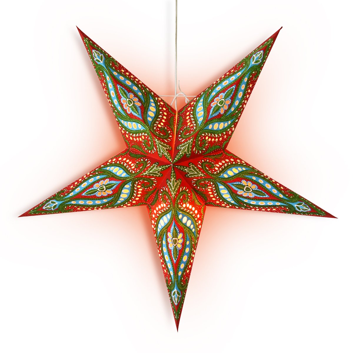3-PACK + Cord | 24" Red / Green Bloom Glitter Paper Star Lantern and Lamp Cord Hanging Decoration - AsianImportStore.com - B2B Wholesale Lighting and Decor