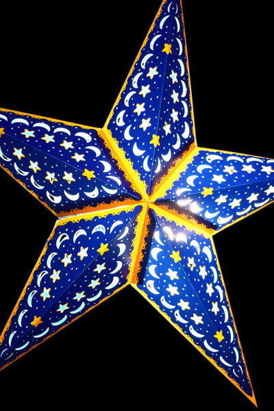 24" Blue Orange Star Moon Paper Star Lantern, Hanging - AsianImportStore.com - B2B Wholesale Lighting and Decor