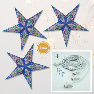 3-PACK + Cord | Blue Lotus Glitter 24" Illuminated Paper Star Lanterns and Lamp Cord Hanging Decorations - AsianImportStore.com - B2B Wholesale Lighting and Decor
