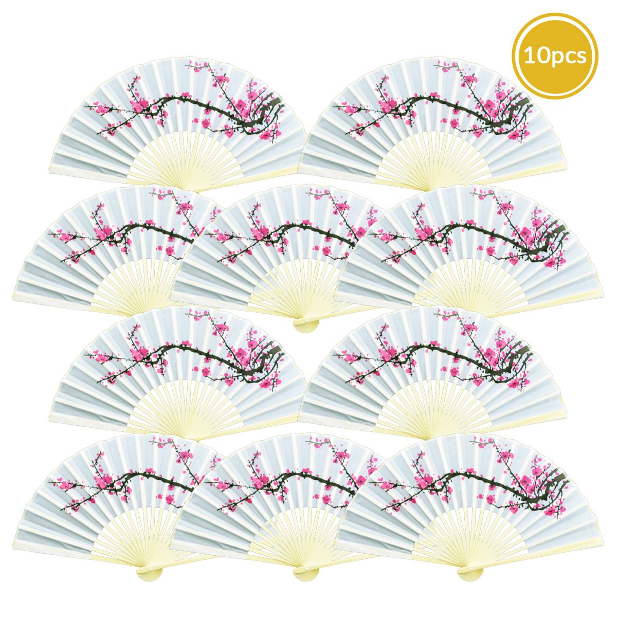 9" Cherry Blossom / Sakura Silk Hand Fans for Weddings (10 Pack) - AsianImportStore.com - B2B Wholesale Lighting and Decor