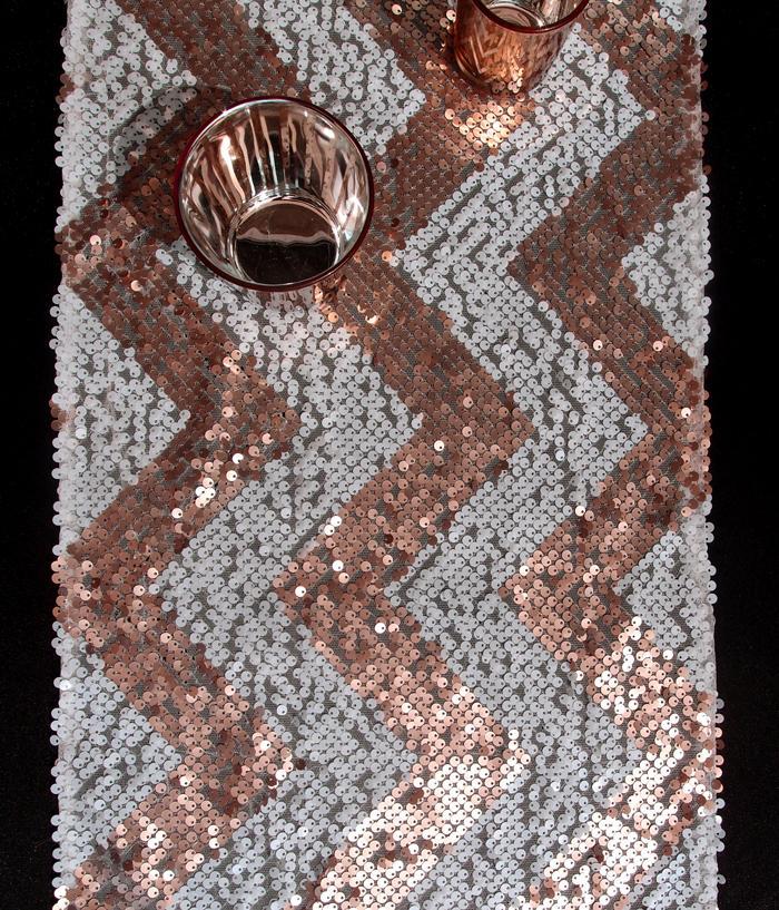 BLOWOUT (50 PACK) Chevron Sequin Table Runner - Copper Pink & White (12 x 108)