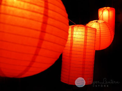 8" Chinese New Year Round & Cylinder Paper Lantern String Light COMBO Kit (12 FT, EXPANDABLE, Black Cord) - AsianImportStore.com - B2B Wholesale Lighting and Decor