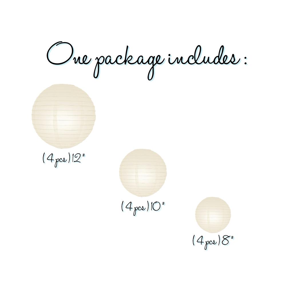 12-PC Beige / Ivory Paper Lantern Chinese Hanging Wedding & Party Assorted Decoration Set, 12/10/8-Inch - AsianImportStore.com - B2B Wholesale Lighting & Decor since 2002