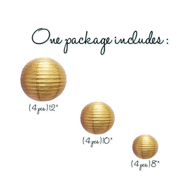 12-PC Gold Paper Lantern Chinese Hanging Wedding & Party Assorted Decoration Set, 12/10/8-Inch - AsianImportStore.com - B2B Wholesale Lighting and Decor