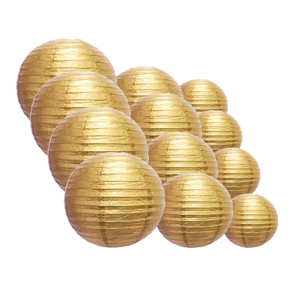 12-PC Gold Paper Lantern Chinese Hanging Wedding & Party Assorted Decoration Set, 12/10/8-Inch - AsianImportStore.com - B2B Wholesale Lighting and Decor