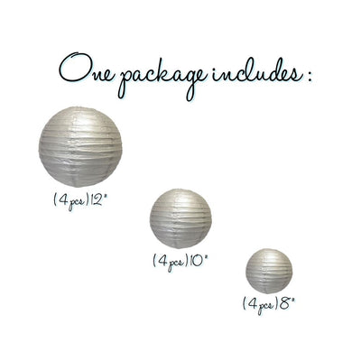 12-PC Silver Paper Lantern Chinese Hanging Wedding & Party Assorted Decoration Set, 12/10/8-Inch - AsianImportStore.com - B2B Wholesale Lighting and Decor
