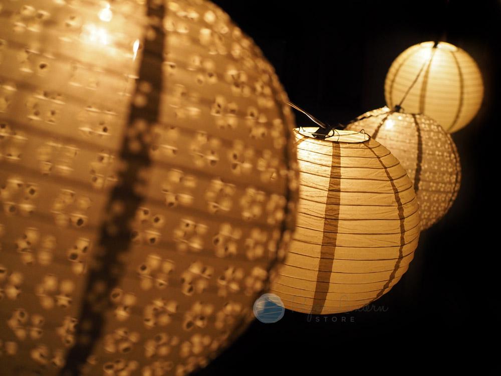 8" Christmas Holiday Gold Eyelet Paper Lantern String Light COMBO Kit (12 FT, EXPANDABLE, White Cord) - AsianImportStore.com - B2B Wholesale Lighting and Decor