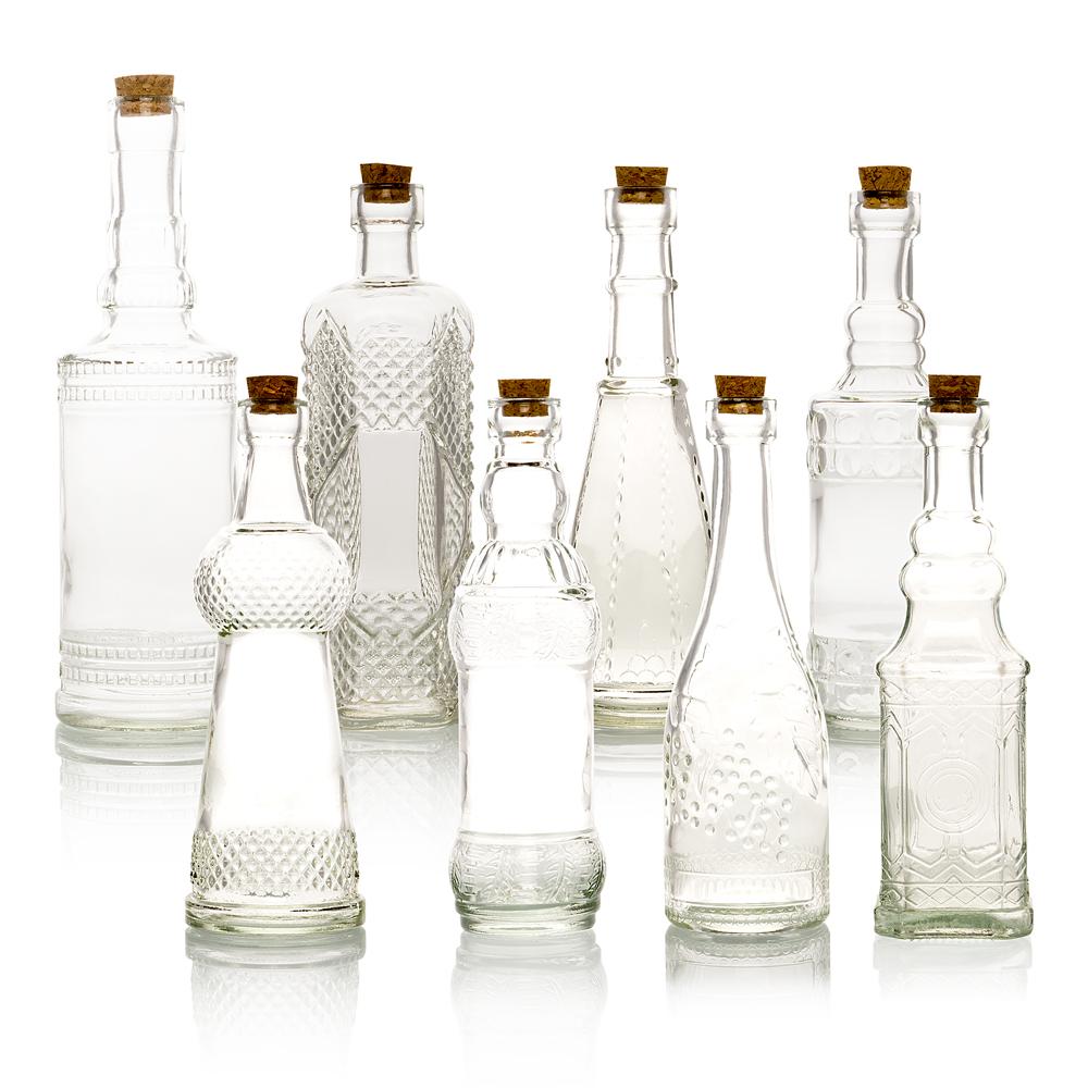 8pc Clear Vintage Glass Wedding Bottle Set, Assorted Wedding Table and Centerpiece Display - AsianImportStore.com - B2B Wholesale Lighting and Decor
