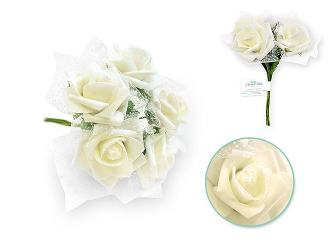 Beige/Ivory Cream 5-Rose Realistic Bridal Floral Wedding Bouquet w/ Tulle & Glitter - AsianImportStore.com - B2B Wholesale Lighting and Decor