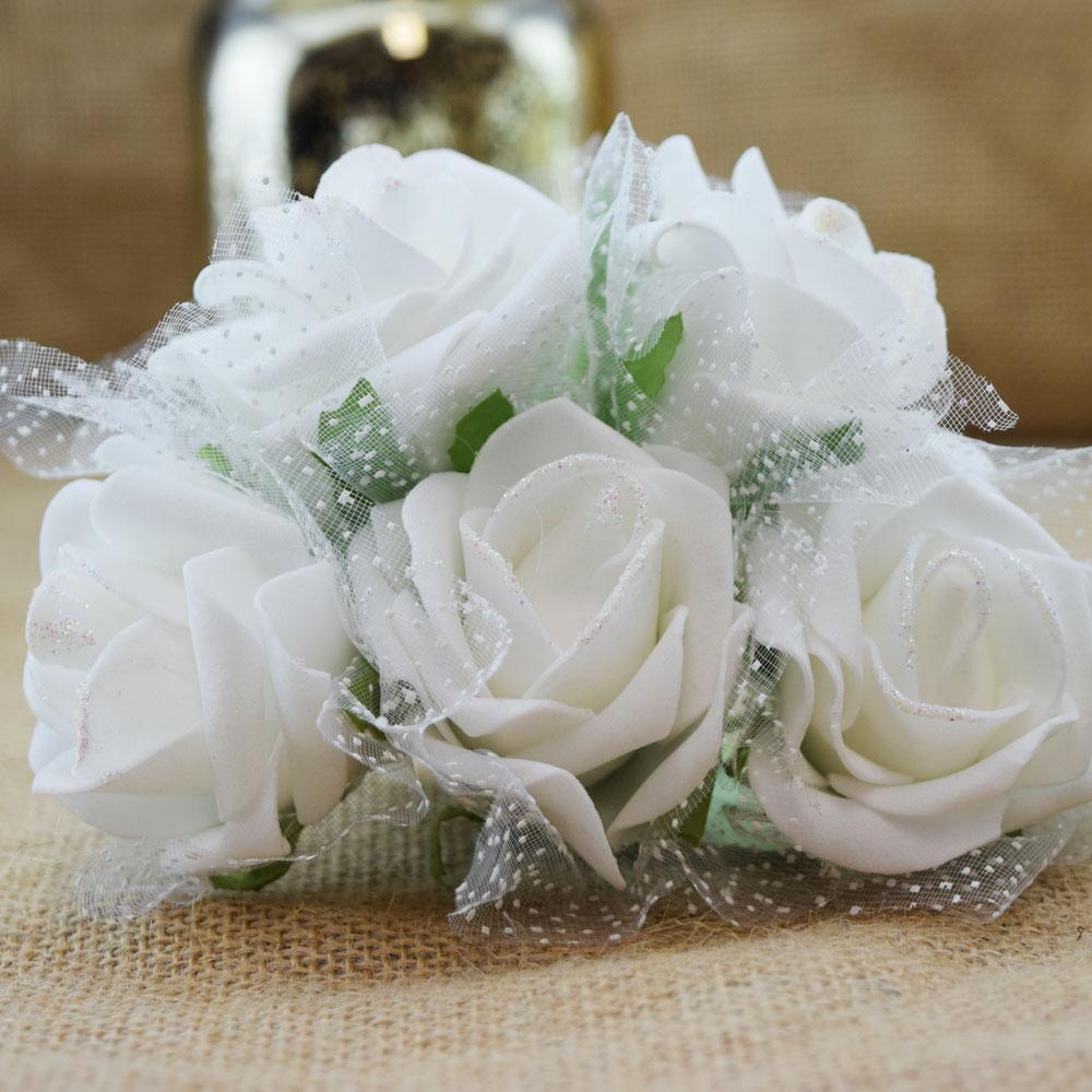  White 5-Rose Realistic Bridal Floral Wedding Bouquet w/ Tulle & Glitter - AsianImportStore.com - B2B Wholesale Lighting and Decor