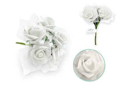 White 5-Rose Realistic Bridal Floral Wedding Bouquet w/ Tulle & Glitter - AsianImportStore.com - B2B Wholesale Lighting and Decor