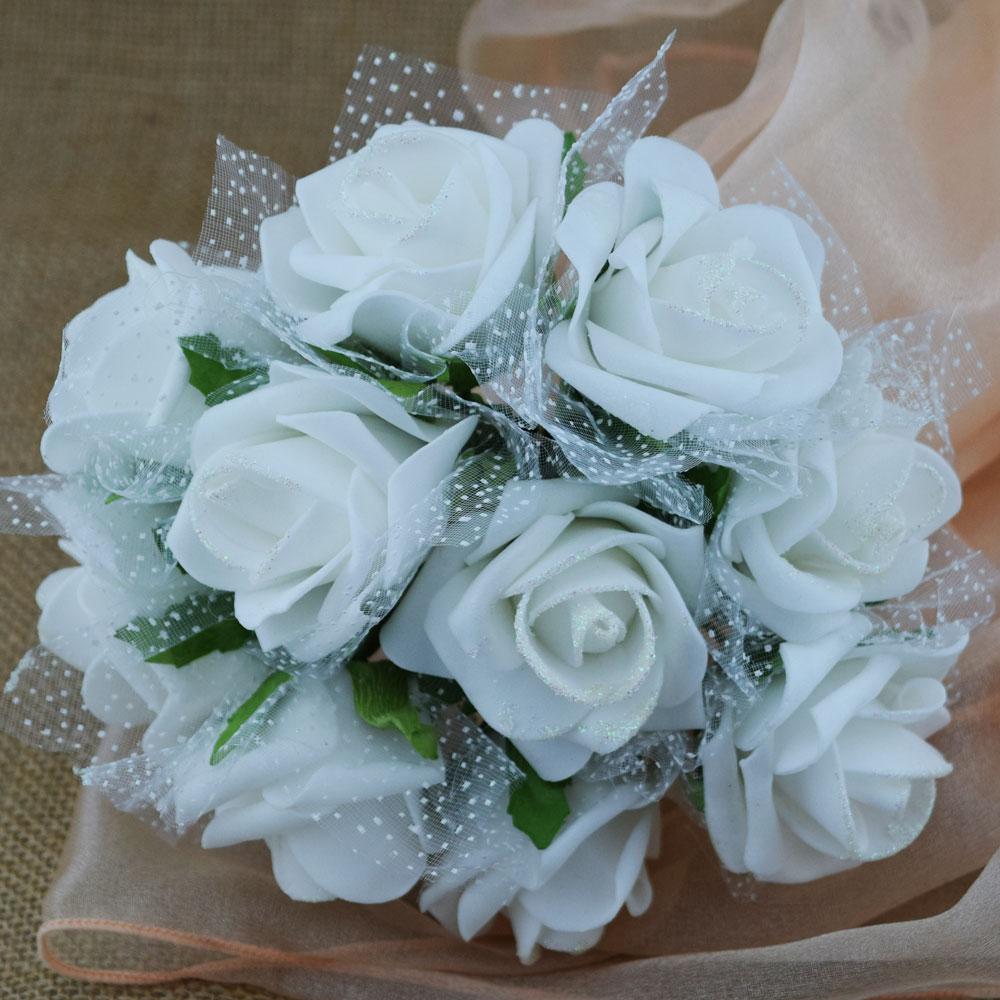  White 5-Rose Realistic Bridal Floral Wedding Bouquet w/ Tulle & Glitter - AsianImportStore.com - B2B Wholesale Lighting and Decor