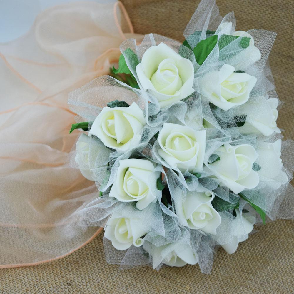  Beige/Ivory Cream 8-Rose Realistic Bridal Floral Wedding Bouquet w/ Tulle - AsianImportStore.com - B2B Wholesale Lighting and Decor