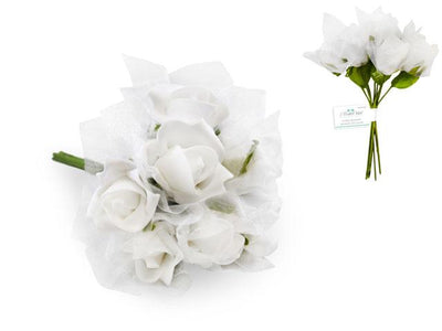 White 8-Rose Realistic Bridal Floral Wedding Bouquet w/ Tulle - AsianImportStore.com - B2B Wholesale Lighting and Decor