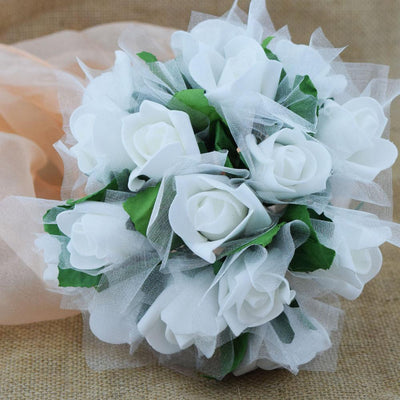 White 8-Rose Realistic Bridal Floral Wedding Bouquet w/ Tulle - AsianImportStore.com - B2B Wholesale Lighting and Decor