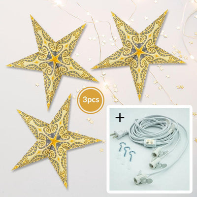 3-PACK + Cord | Light Yellow Mouri Screen 24" Illuminated Paper Star Lanterns and Lamp Cord Hanging Decorations - AsianImportStore.com - B2B Wholesale Lighting and Decor