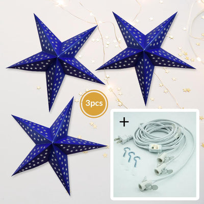 3-PACK + Cord | Dark Blue Starry Night 24" Illuminated Paper Star Lanterns and Lamp Cord Hanging Decorations - AsianImportStore.com - B2B Wholesale Lighting and Decor