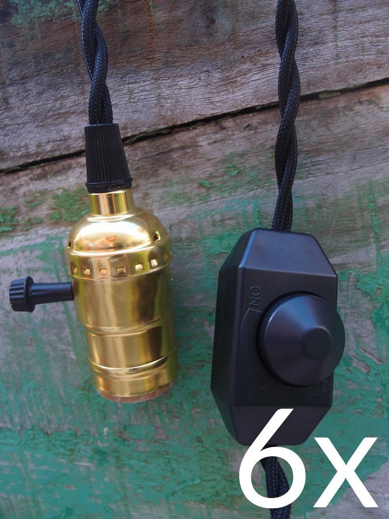  BULK PACK (6) Single Gold Socket Pendant Light Lamp Cord Kits w/ Dimmer Switch (11FT, Black Cloth) - AsianImportStore.com - B2B Wholesale Lighting and Decor