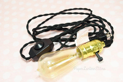 (Discontinued) (50 PACK) Single Gold Socket Vintage-Style Pendant Light Cord w/ Dimmer Switch Switch, 11 FT Twisted Black Cloth Cord - Electrical Swag Light Kit