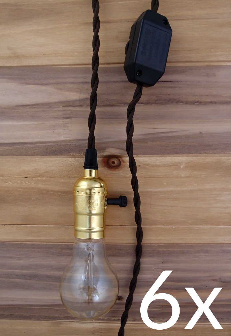  BULK PACK (6) Single Gold Socket Pendant Light Lamp Cord Kits w/ Dimmer Switch (11FT, Brown Cloth) - AsianImportStore.com - B2B Wholesale Lighting and Decor